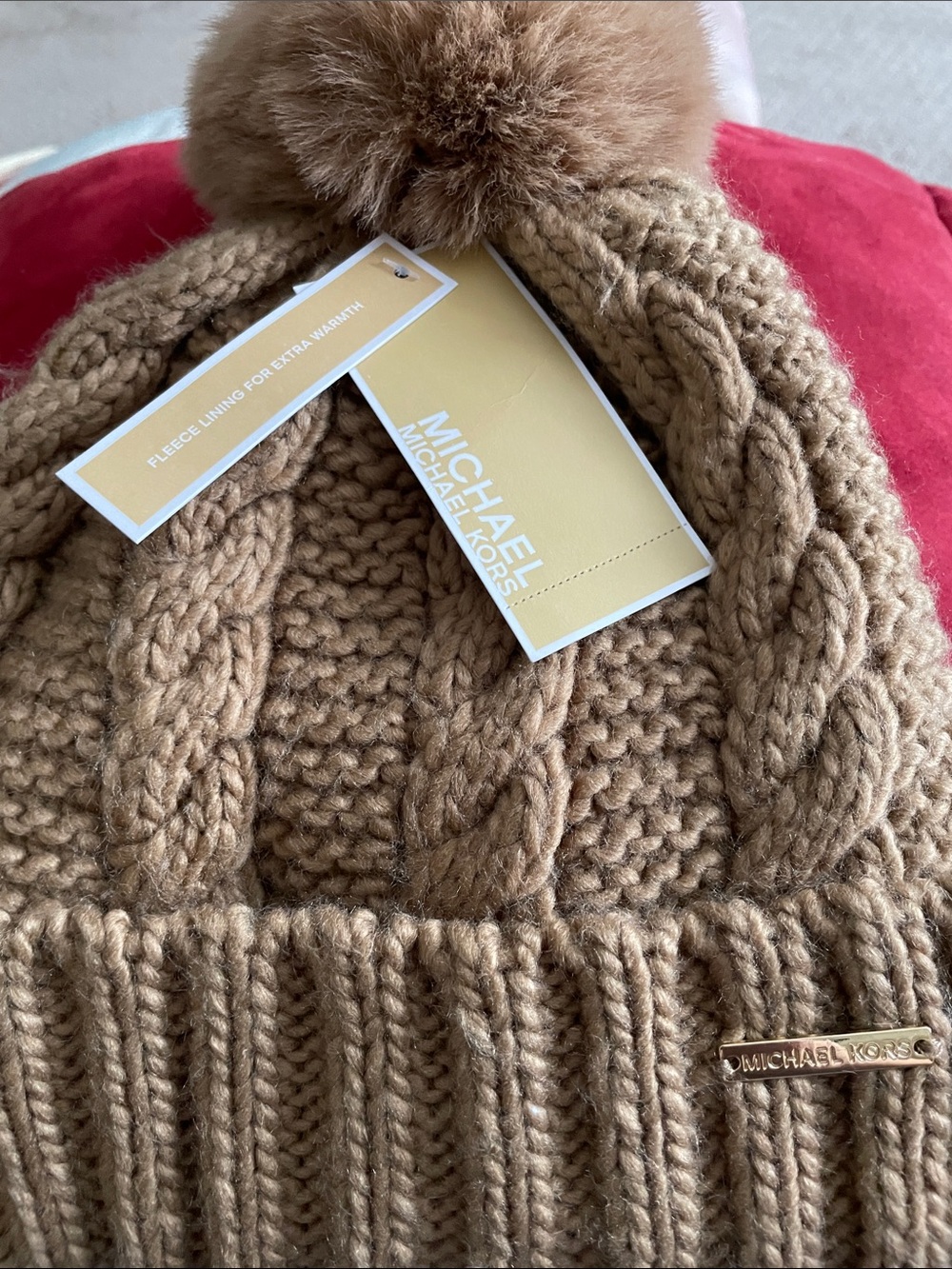 Michael Kors Tan Knit Pom Beanie with Gold Logo Fleece Lining NWT